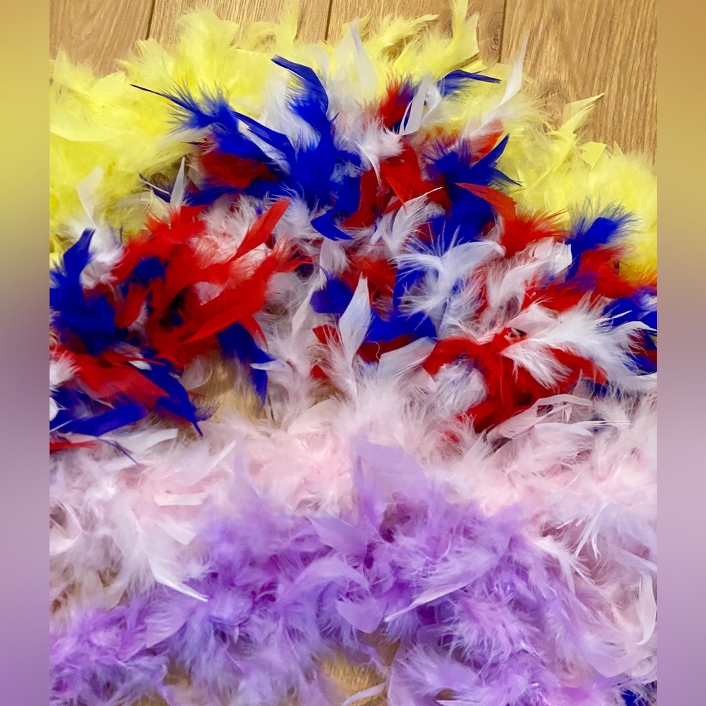 Collection of 4 Real Feather Boas - Yellow, Pink, Purple, and Red White & Blue